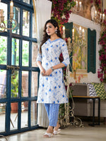 Thumbnail for Juniper Women's Blue Floral Printed Cotton Kurta & Pant Set With Lace - Distacart