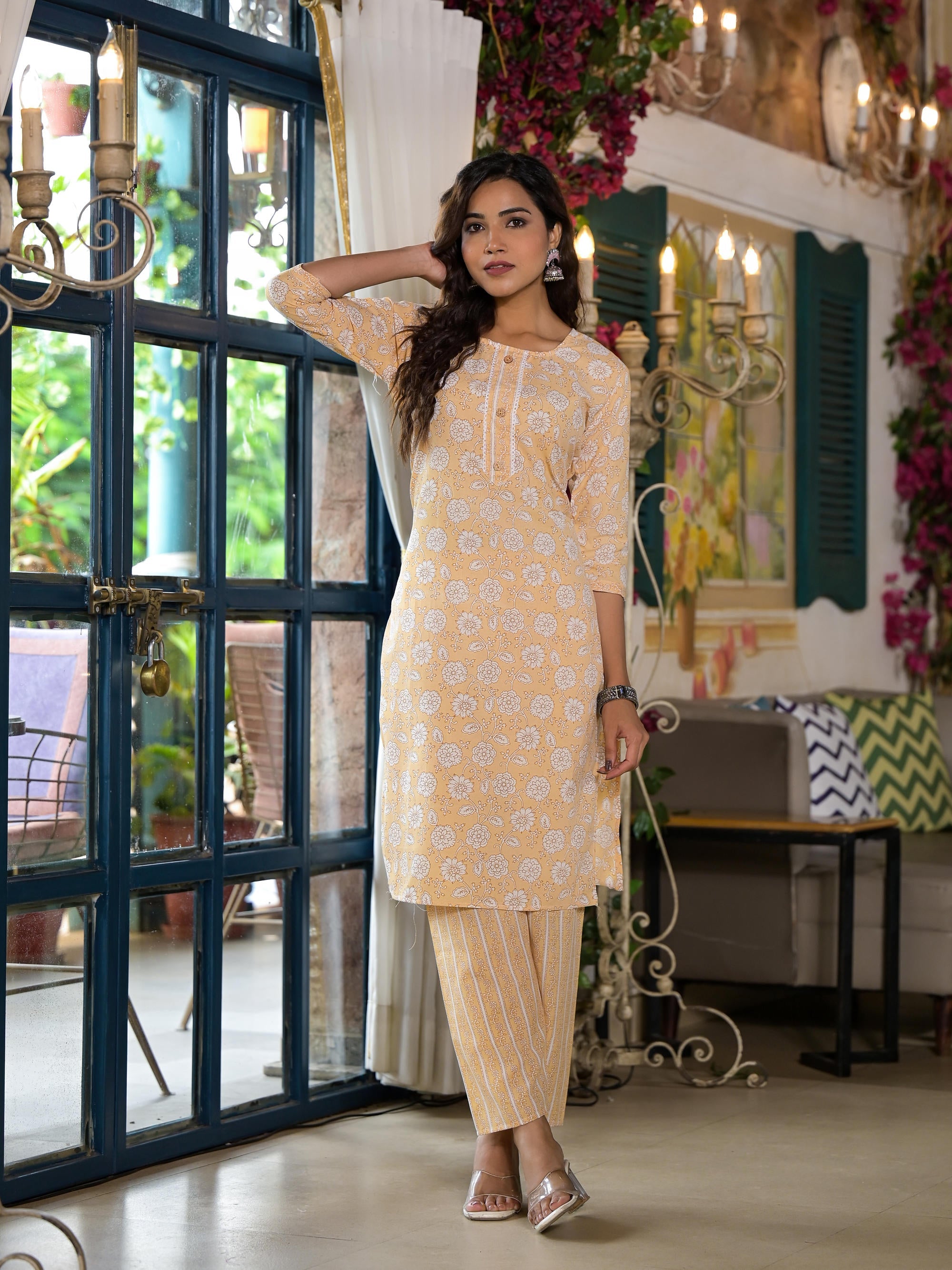 Juniper Women's Brown Floral Printed Cotton Kurta & Pant Set With Lace & Buttons - Distacart