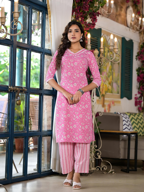 Juniper Women's Pink Floral Printed Cotton Kurta Set With Lace - Distacart