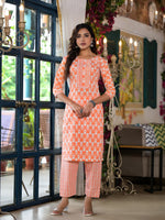 Thumbnail for Juniper Women's Orange Ethnic Motif Printed Cotton Kurta & Pant Set With Lace - Distacart