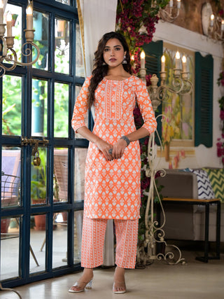 Juniper Women's Orange Ethnic Motif Printed Cotton Kurta & Pant Set With Lace - Distacart