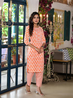 Thumbnail for Juniper Women's Orange Ethnic Motif Printed Cotton Kurta & Pant Set With Lace - Distacart