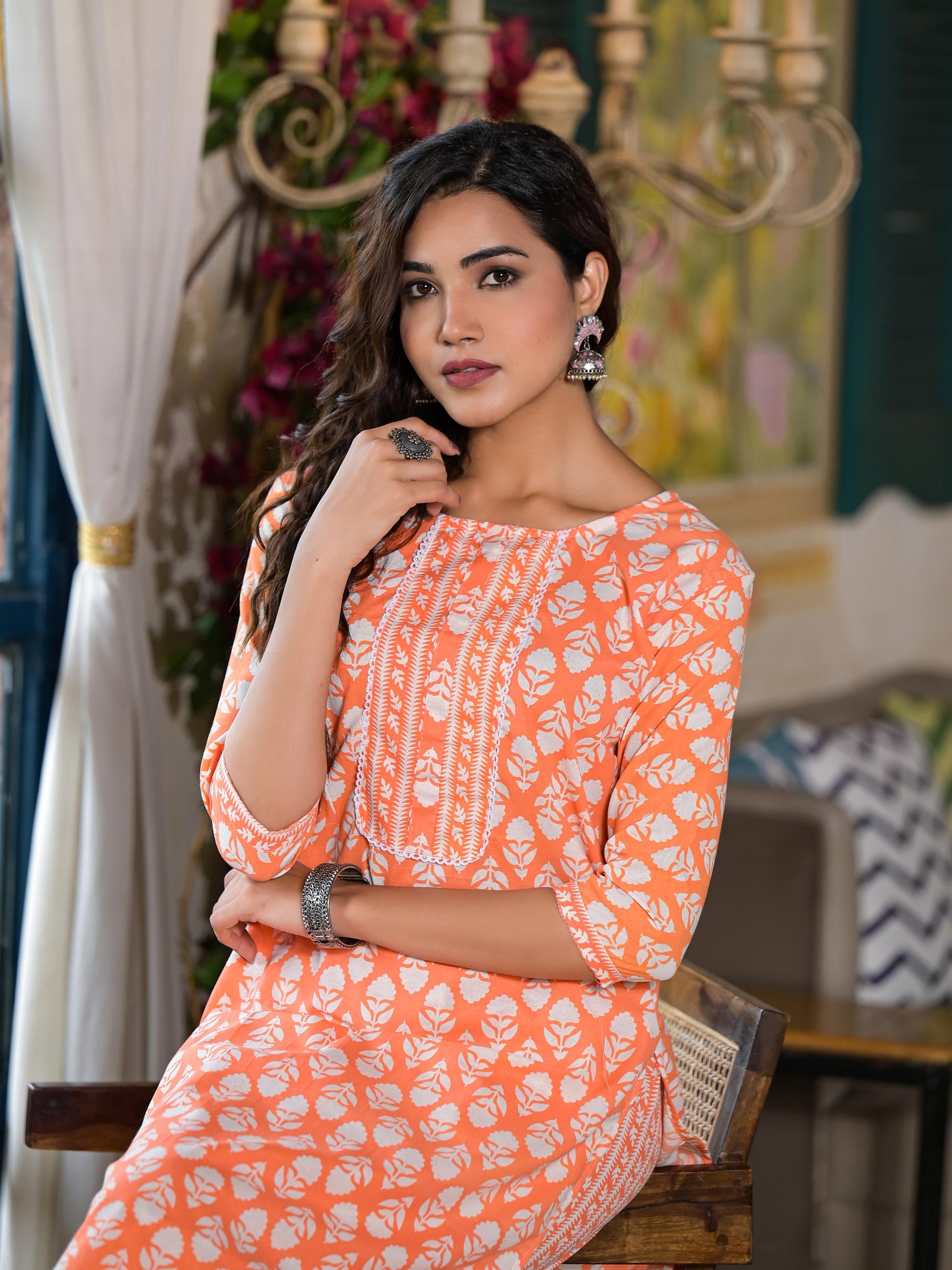 Juniper Women's Orange Ethnic Motif Printed Cotton Kurta & Pant Set With Lace - Distacart