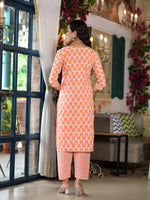 Thumbnail for Juniper Women's Orange Ethnic Motif Printed Cotton Kurta & Pant Set With Lace - Distacart