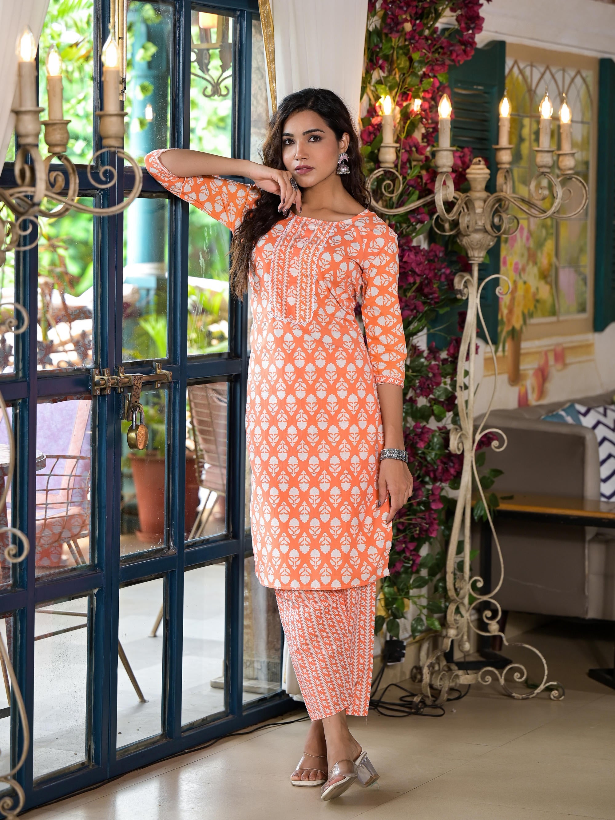 Juniper Women's Orange Ethnic Motif Printed Cotton Kurta & Pant Set With Lace - Distacart