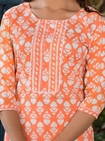 Thumbnail for Juniper Women's Orange Ethnic Motif Printed Cotton Kurta & Pant Set With Lace - Distacart