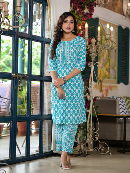 Juniper Women's Teal Ethnic Motif Printed Cotton Kurta & Pants Set With Lace - Distacart