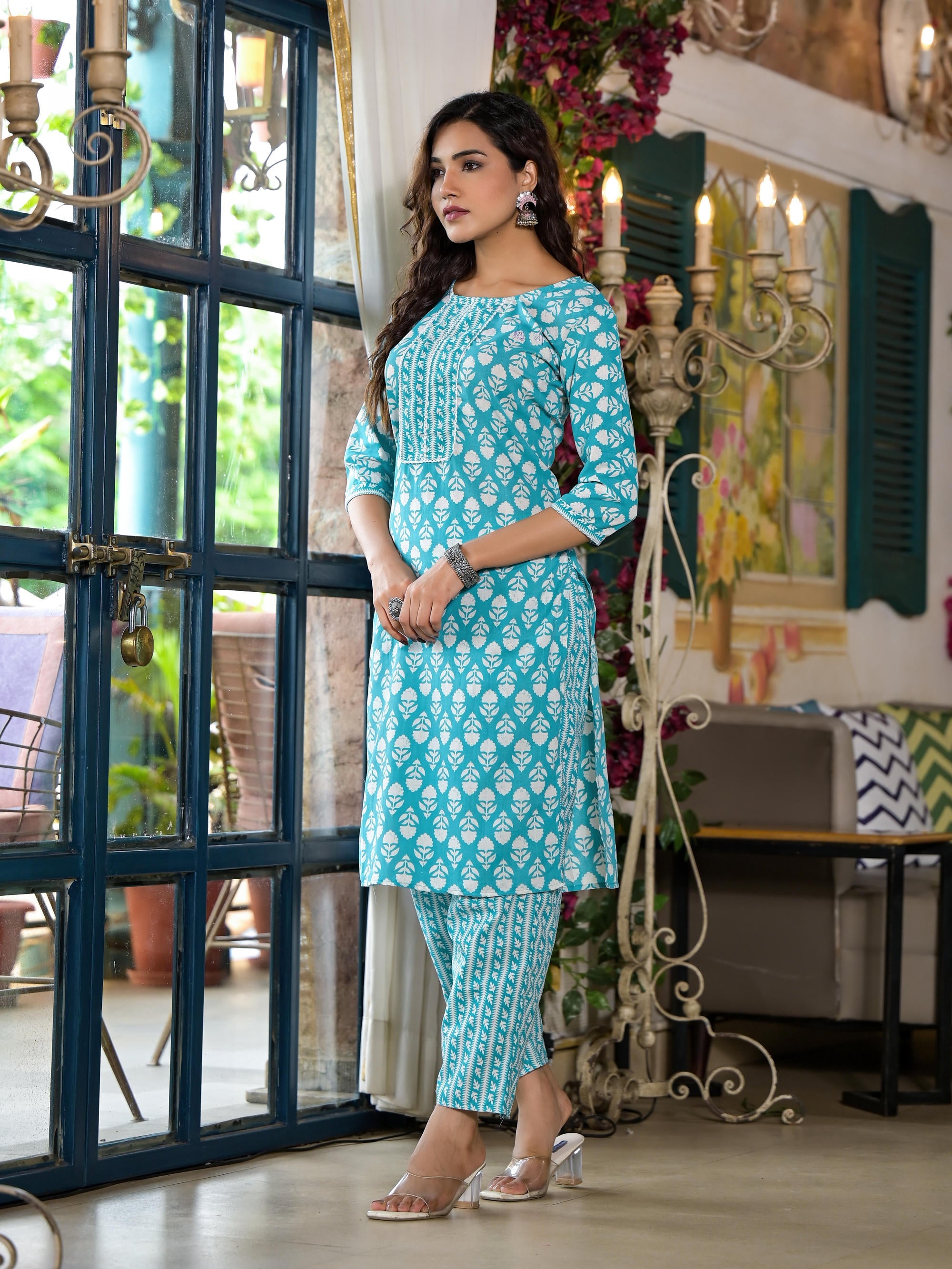 Juniper Women's Teal Ethnic Motif Printed Cotton Kurta & Pants Set With Lace - Distacart