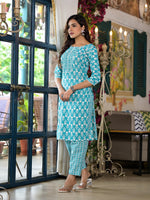 Thumbnail for Juniper Women's Teal Ethnic Motif Printed Cotton Kurta & Pants Set With Lace - Distacart