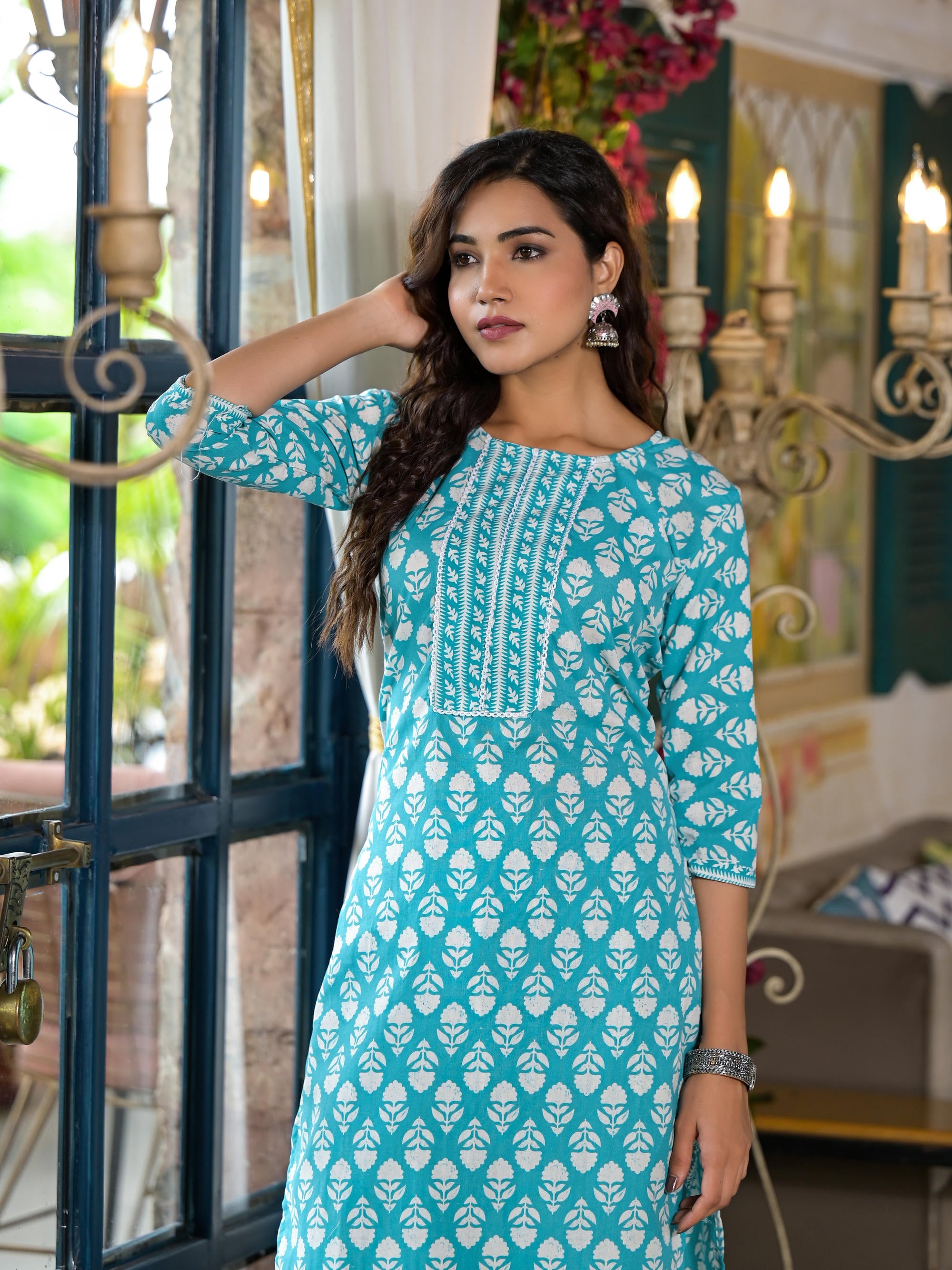 Juniper Women's Teal Ethnic Motif Printed Cotton Kurta & Pants Set With Lace - Distacart