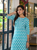 Thumbnail for Juniper Women's Teal Ethnic Motif Printed Cotton Kurta & Pants Set With Lace - Distacart
