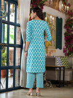 Thumbnail for Juniper Women's Teal Ethnic Motif Printed Cotton Kurta & Pants Set With Lace - Distacart