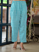 Thumbnail for Juniper Women's Teal Ethnic Motif Printed Cotton Kurta & Pants Set With Lace - Distacart