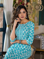 Thumbnail for Juniper Women's Teal Ethnic Motif Printed Cotton Kurta & Pants Set With Lace - Distacart