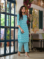 Thumbnail for Juniper Women's Teal Ethnic Motif Printed Cotton Kurta & Pants Set With Lace - Distacart