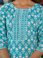 Thumbnail for Juniper Women's Teal Ethnic Motif Printed Cotton Kurta & Pants Set With Lace - Distacart