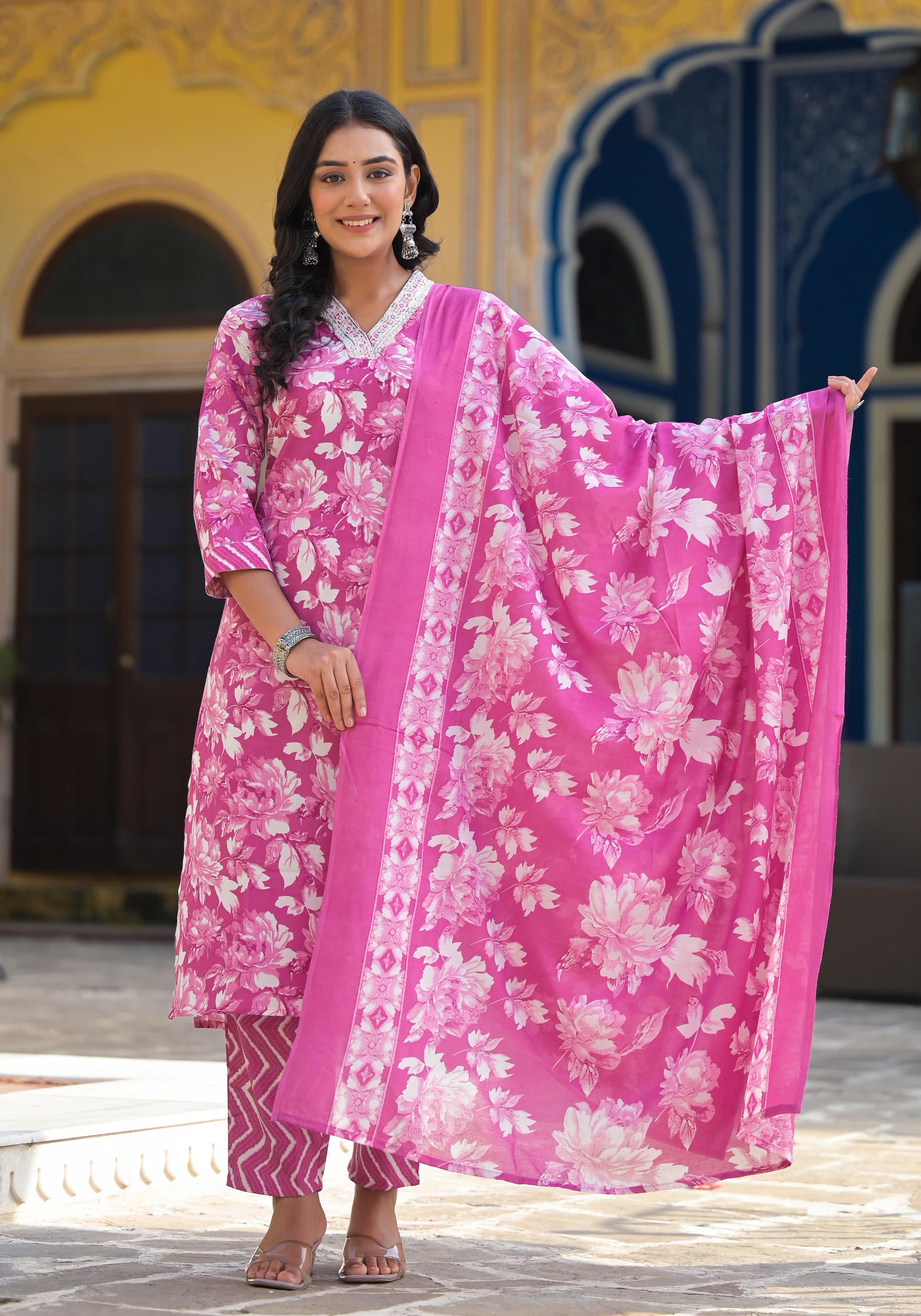 Juniper Women's Pink Cotton Blend Printed Kurta Set - Distacart