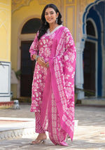 Thumbnail for Juniper Women's Pink Cotton Blend Printed Kurta Set - Distacart