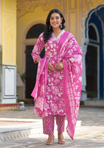 Thumbnail for Juniper Women's Pink Cotton Blend Printed Kurta Set - Distacart