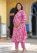 Thumbnail for Juniper Women's Pink Cotton Blend Printed Kurta Set - Distacart