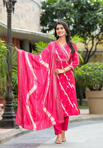 Thumbnail for Juniper Women's Pink Lehriya Printed Musline Kurta Set With Mirror Work & Sequins - Distacart