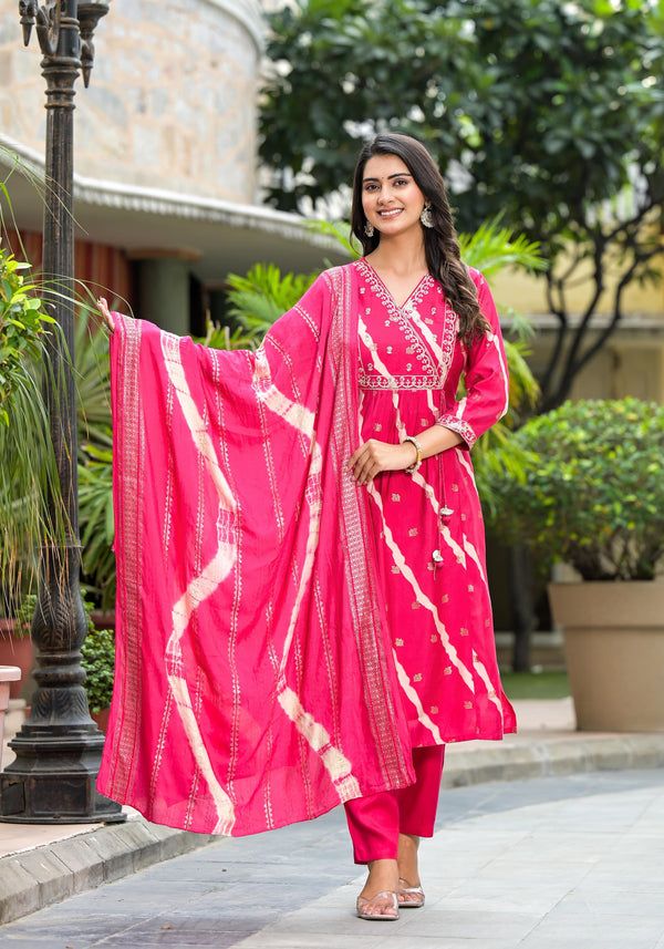 Juniper Women's Pink Lehriya Printed Musline Kurta Set With Mirror Work & Sequins - Distacart
