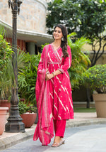 Thumbnail for Juniper Women's Pink Lehriya Printed Musline Kurta Set With Mirror Work & Sequins - Distacart