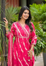 Thumbnail for Juniper Women's Pink Lehriya Printed Musline Kurta Set With Mirror Work & Sequins - Distacart