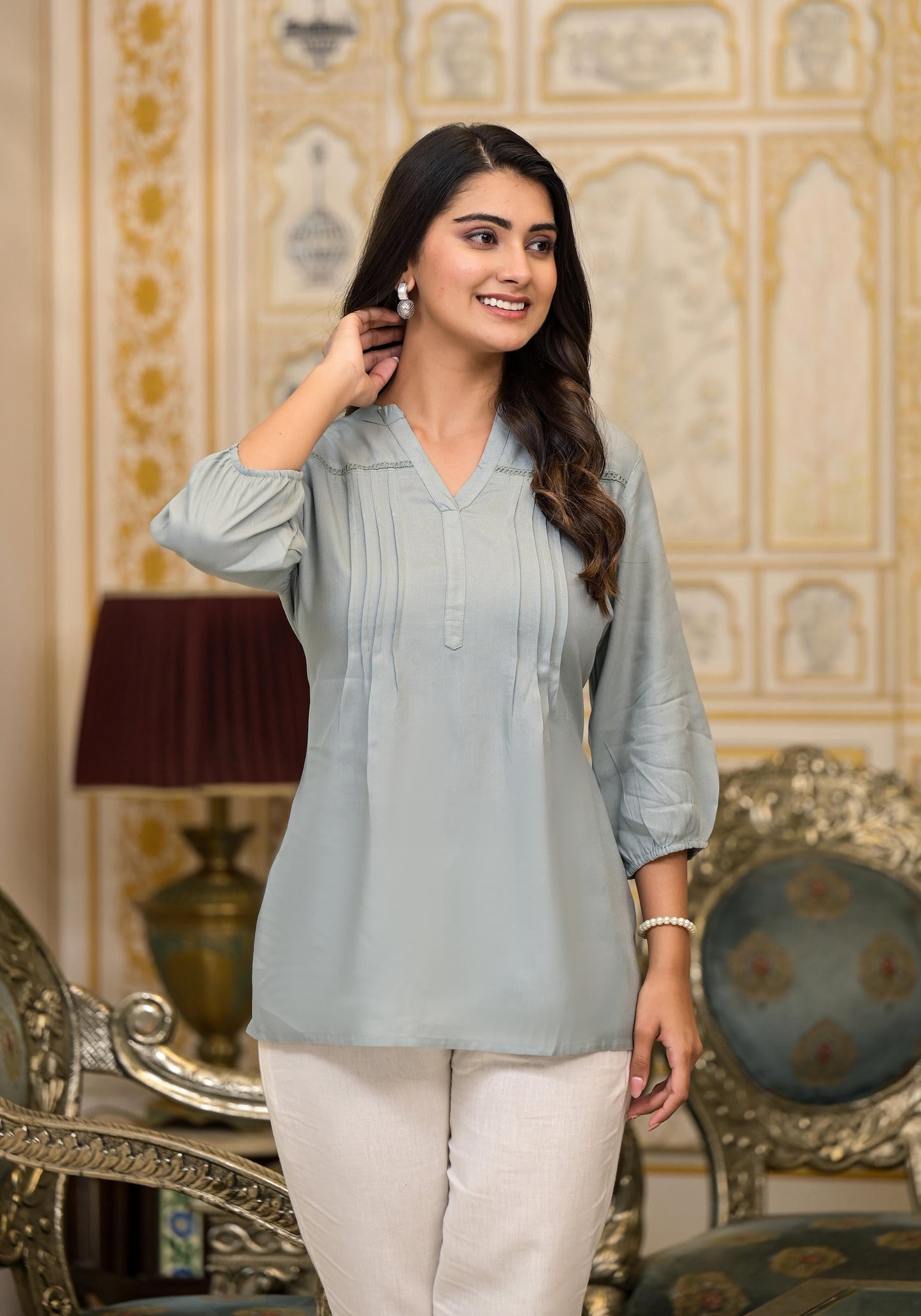 Juniper Women's Grey Solid Rayon Tunic Top With Thread Work - Distacart