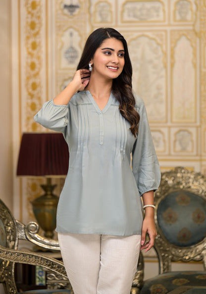 Juniper Women's Grey Solid Rayon Tunic Top With Thread Work - Distacart
