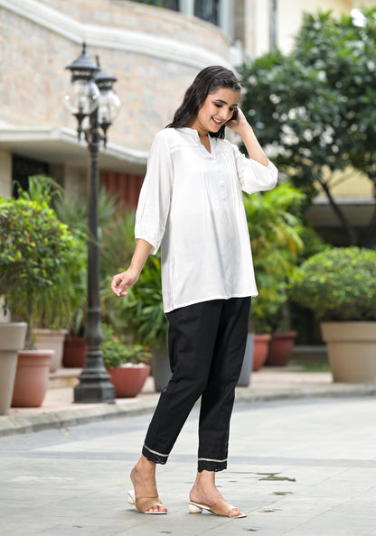 Juniper Women's White Solid Rayon Top With Mandarin Collar - Distacart
