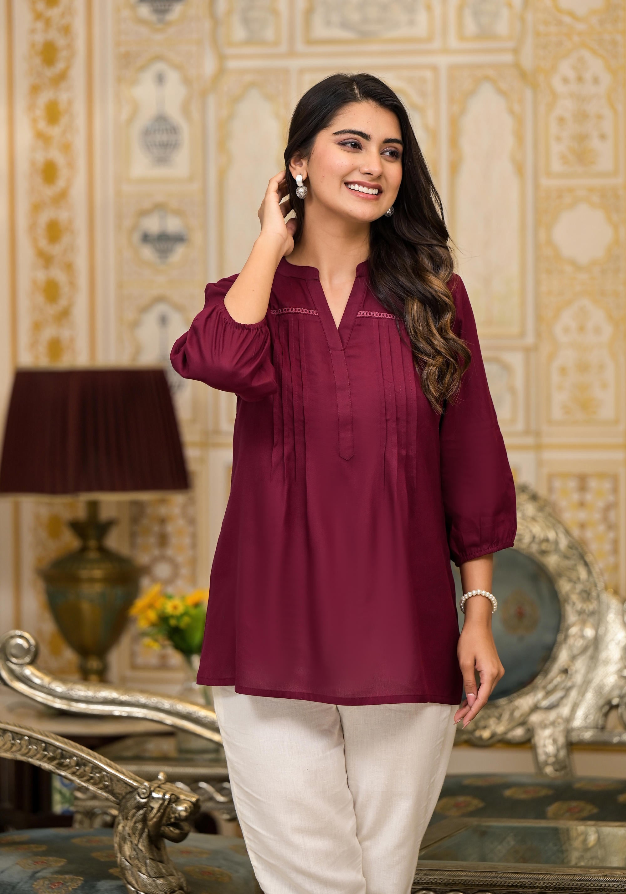 Juniper Women's Wine Solid Rayon Tunic Top With Thread Work - Distacart