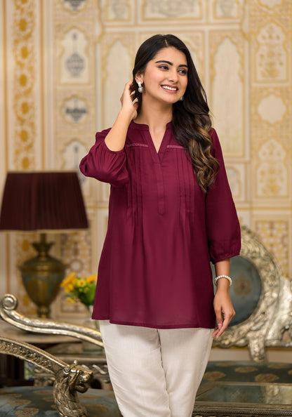 Juniper Women's Wine Solid Rayon Tunic Top With Thread Work - Distacart