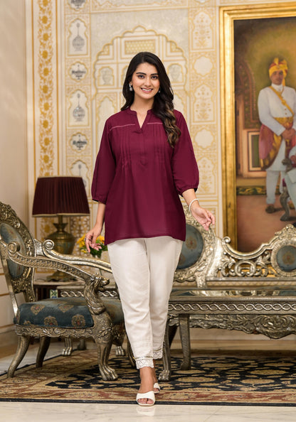 Juniper Women's Wine Solid Rayon Tunic Top With Thread Work - Distacart