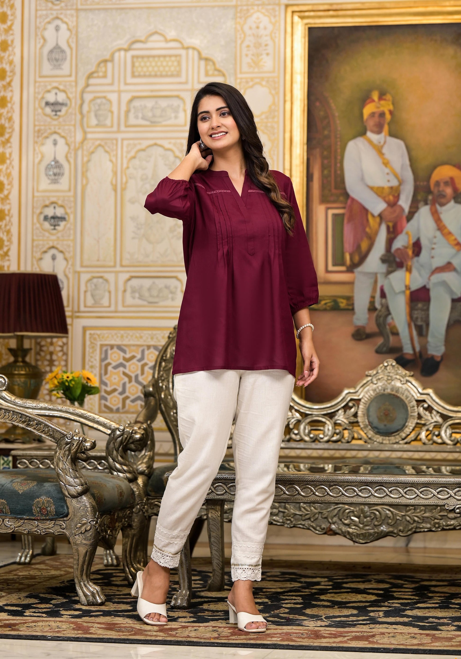 Juniper Women's Wine Solid Rayon Tunic Top With Thread Work - Distacart