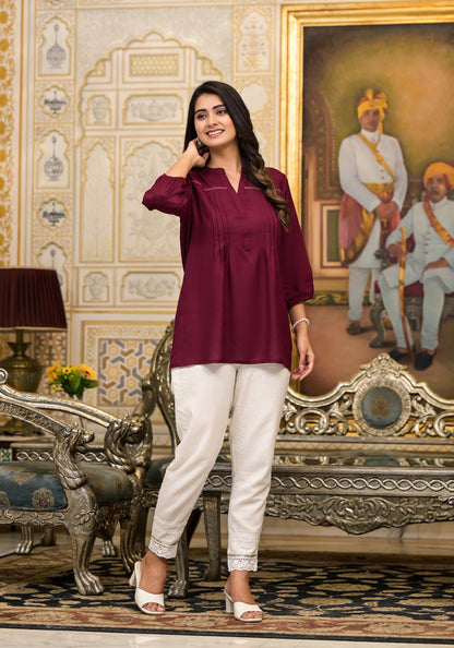 Juniper Women's Wine Solid Rayon Tunic Top With Thread Work - Distacart