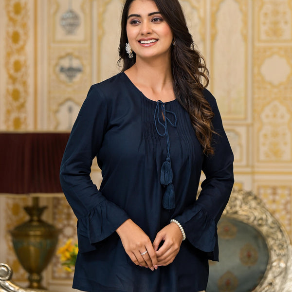 Juniper Women's Navy Blue Solid Rayon Top With Tassels &Doris - Distacart