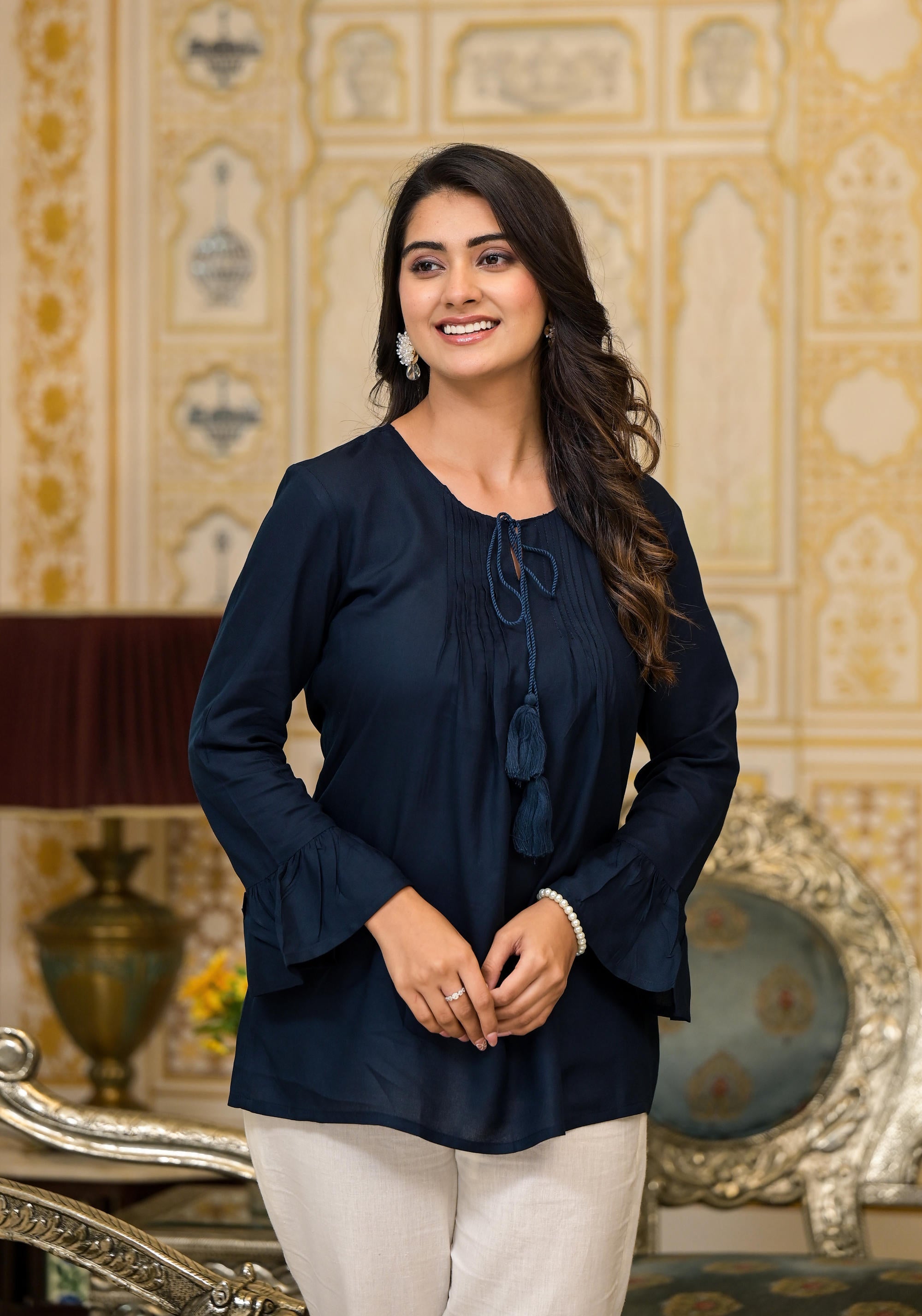 Juniper Women's Navy Blue Solid Rayon Top With Tassels &Doris - Distacart