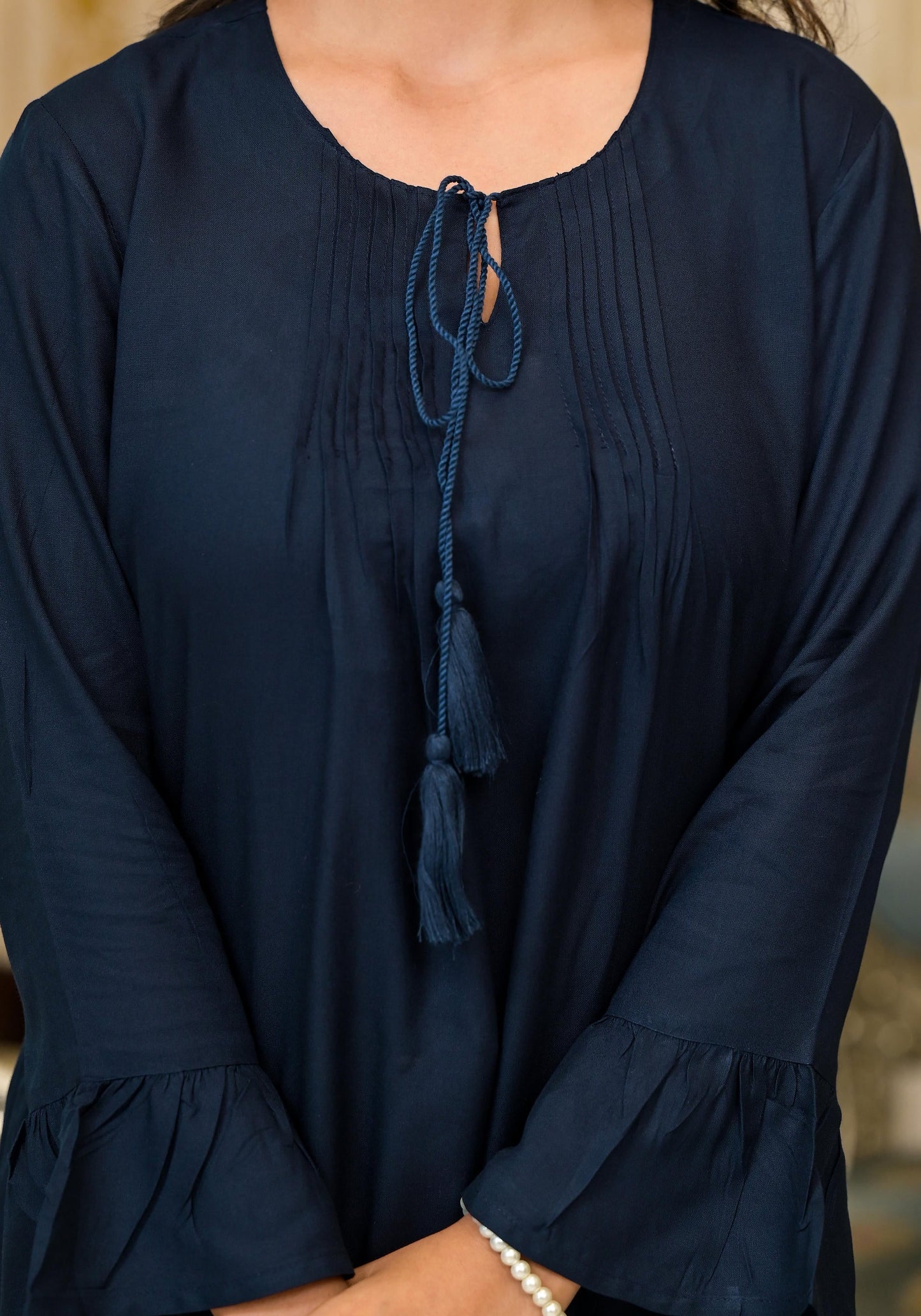Juniper Women's Navy Blue Solid Rayon Top With Tassels &Doris - Distacart