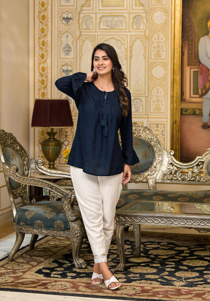 Juniper Women's Navy Blue Solid Rayon Top With Tassels &Doris - Distacart