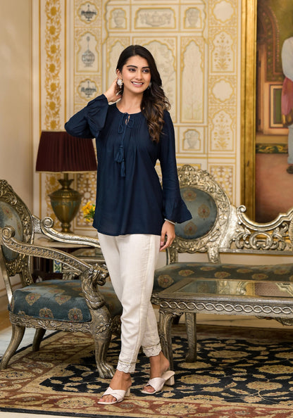 Juniper Women's Navy Blue Solid Rayon Top With Tassels &Doris - Distacart