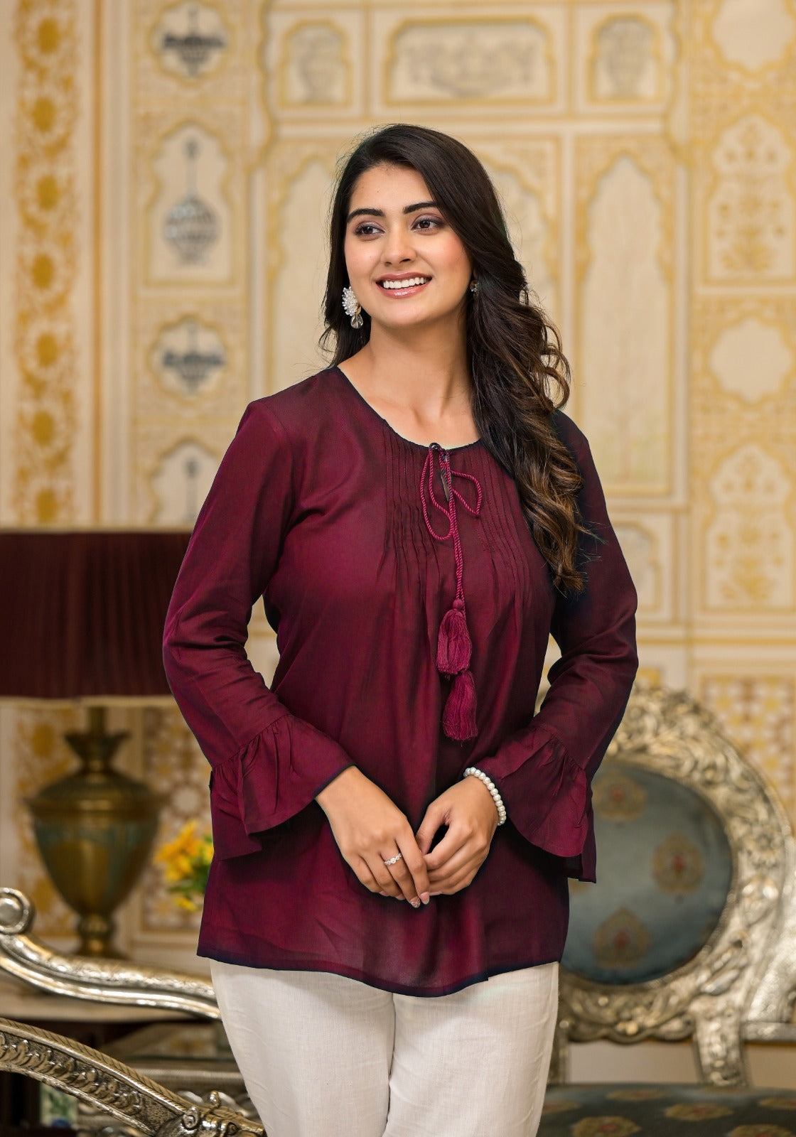 Juniper Women's Plum Solid Rayon Top With Tassels &Doris - Distacart