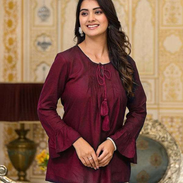 Juniper Women's Plum Solid Rayon Top With Tassels &Doris - Distacart