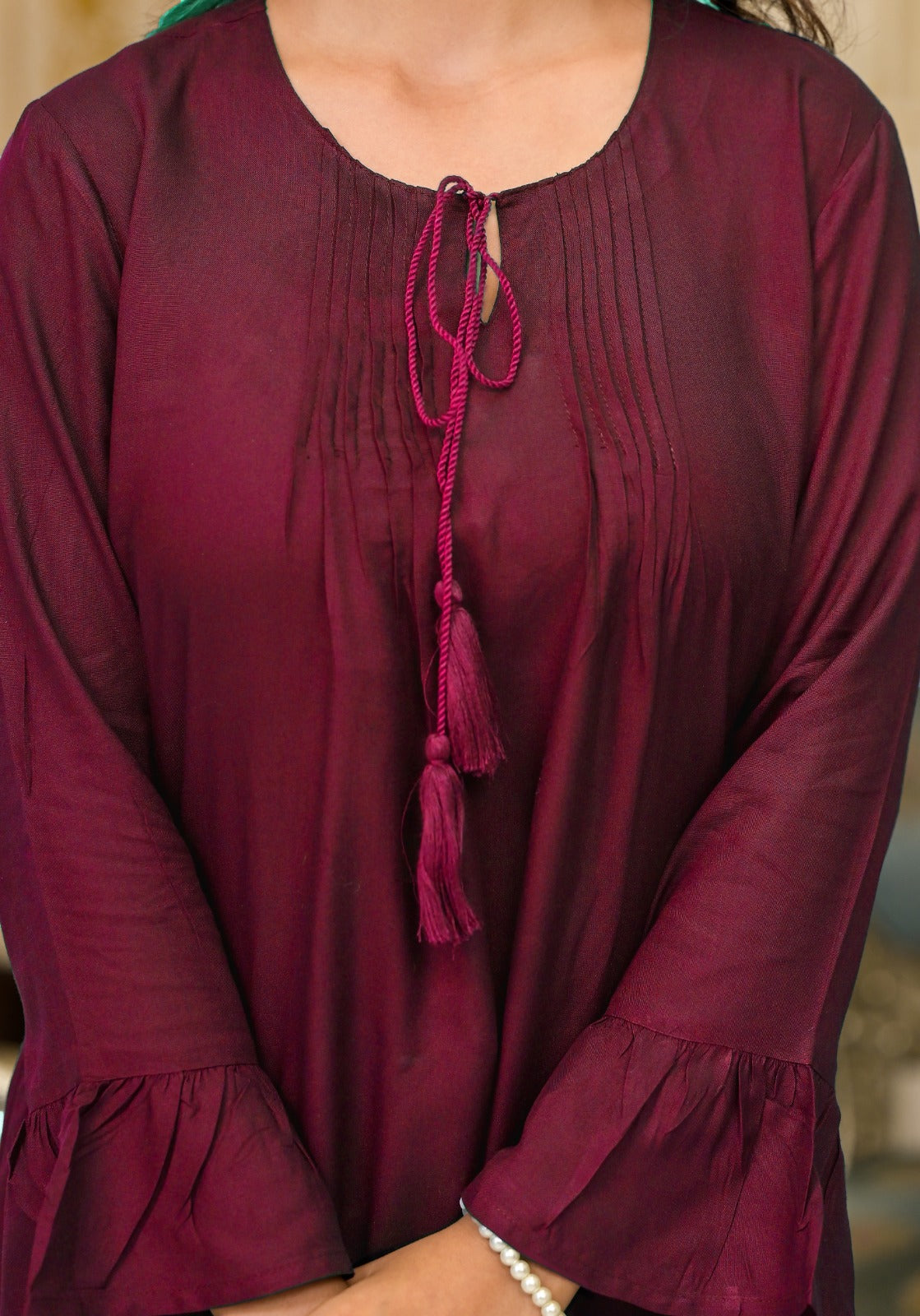 Juniper Women's Plum Solid Rayon Top With Tassels &Doris - Distacart