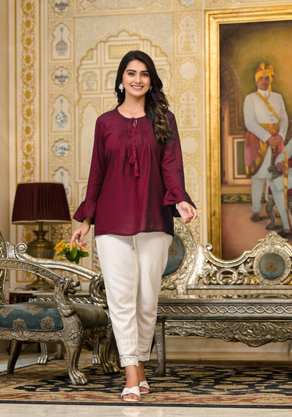 Juniper Women's Plum Solid Rayon Top With Tassels &Doris - Distacart
