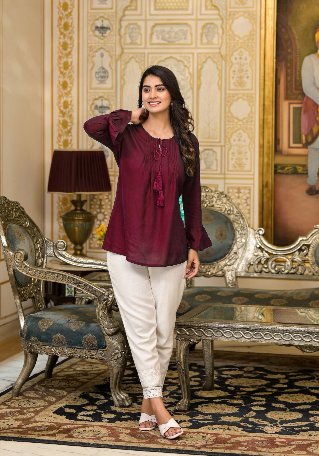 Juniper Women's Plum Solid Rayon Top With Tassels &Doris - Distacart