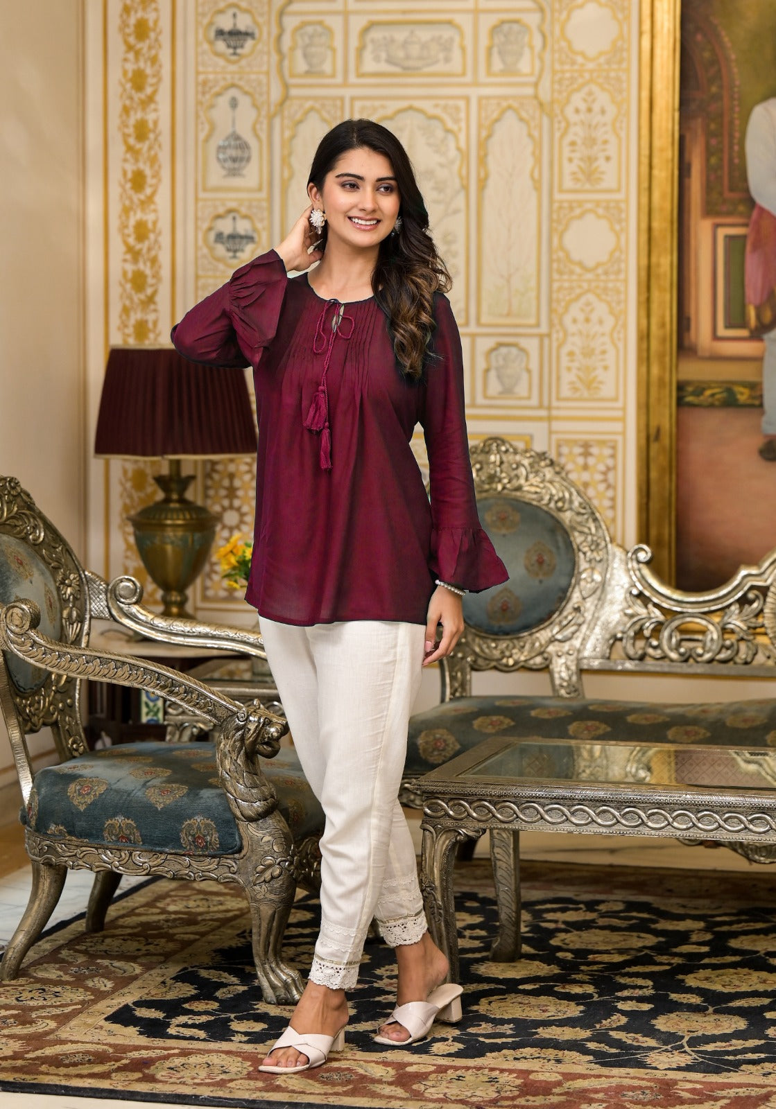 Juniper Women's Plum Solid Rayon Top With Tassels &Doris - Distacart