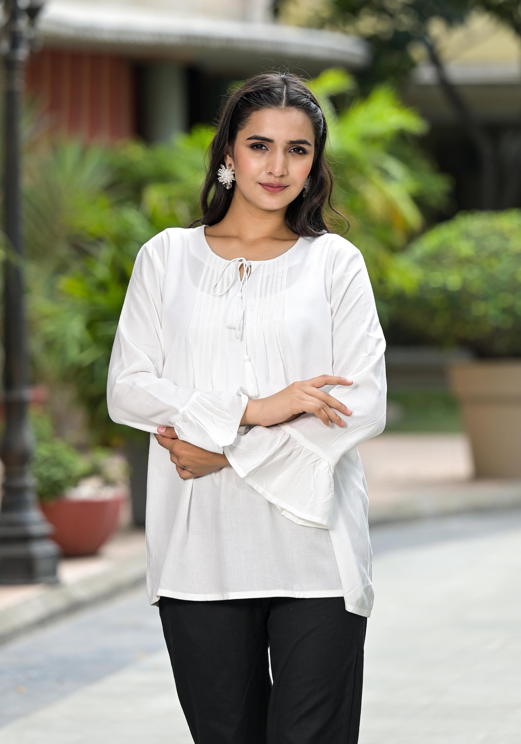 Juniper Women's White Solid Rayon Top With Tassels Doris - Distacart