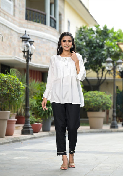 Juniper Women's White Solid Rayon Top With Tassels Doris - Distacart