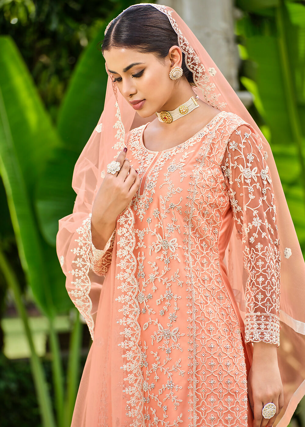 Pretty Peach Stone & Cording Work Festive Palazzo Suit - Emponline - Distacart